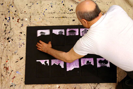 E.J. Gold reviewing maquettes for backdrops for Isadora Duncan Dance Festival