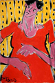 ..Shirley Ten Eyck with Red Dress and Yellow Background